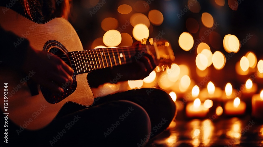 Woman playing acoustic guitar surrounded by candlelight.