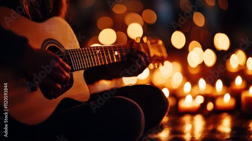 Obraz na płótnie Woman playing acoustic guitar surrounded by candlelight. w salonie