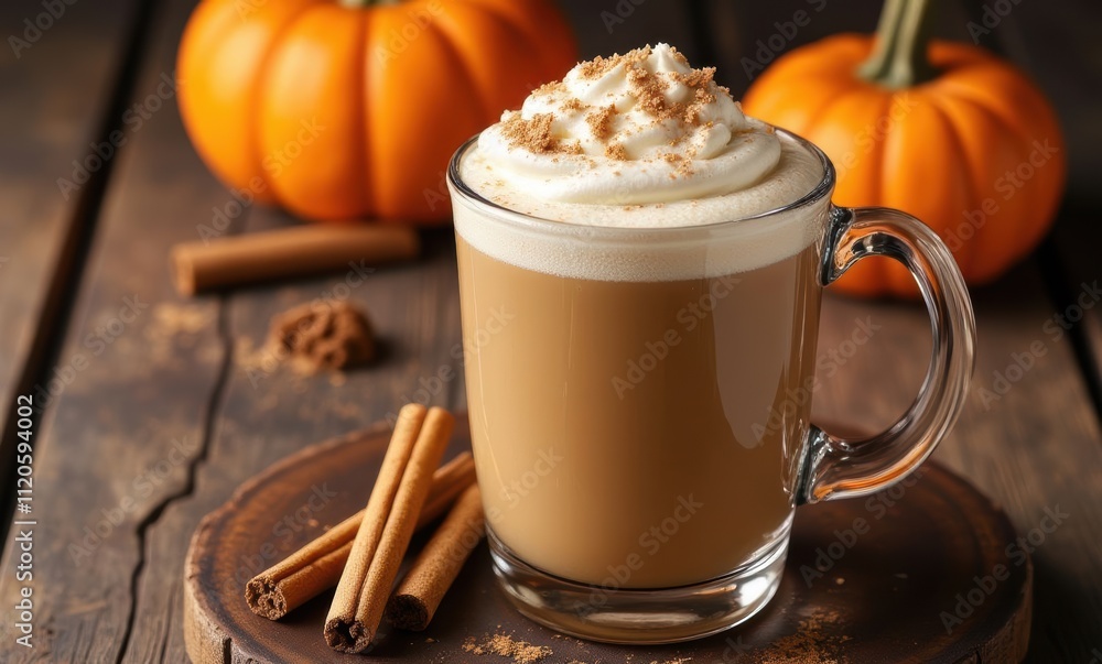 Rustic scene of a pumpkin spice latte with whipped cream and cinnamon Rustic scene of a pumpkin spice latte with whipped cream and cinnamon