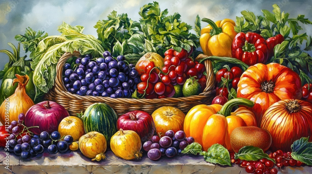 Vibrant Harvest: A Colorful Display of Fresh Fruits and Vegetables in Autumn Vibrant Harvest: A Colorful Display of Fresh Fruits and Vegetables in Autumn