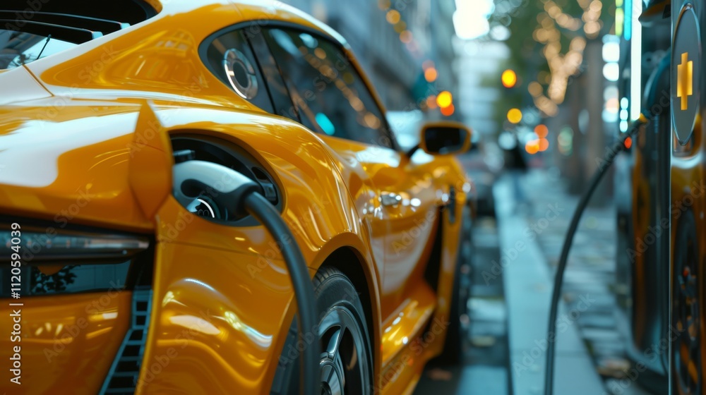 Obraz premium Electric car charging, symbolizing sustainable transport and renewable energy integration.