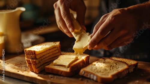 Hands spreading butter on a slice of bread, generative ai