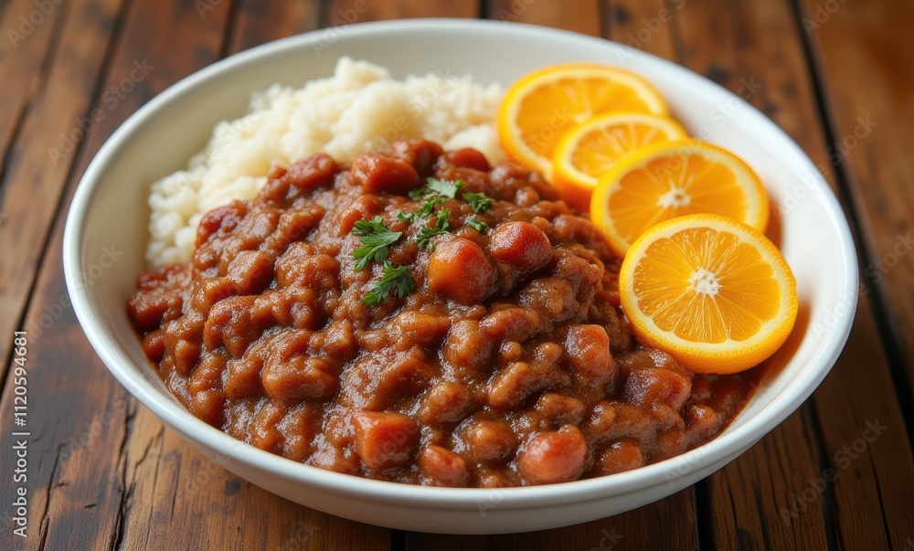 Hearty bean dish with rice and oranges Hearty bean dish with rice and oranges