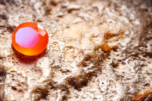 Beautiful shiny orange gemstone on stone, space for text photo