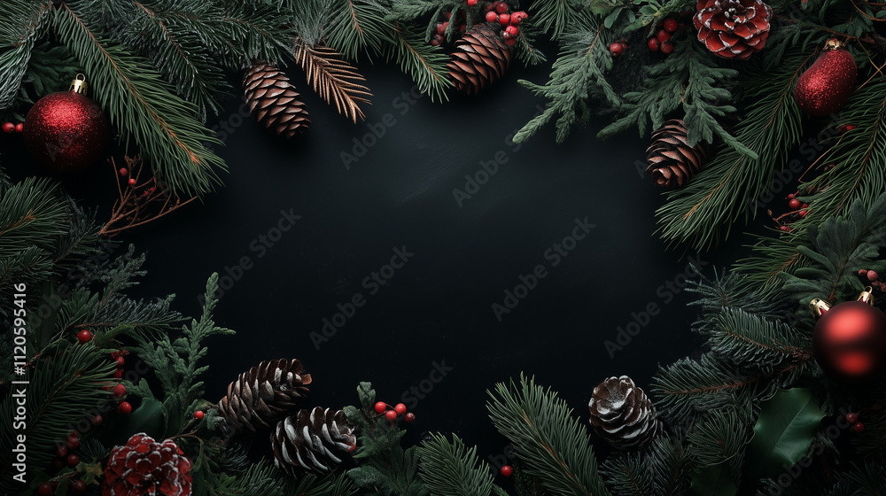 Christmas scene with fir branches, red berries, pine cones, and red ornaments on a black backdrop Christmas scene with fir branches, red berries, pine cones, and red ornaments on a black backdrop