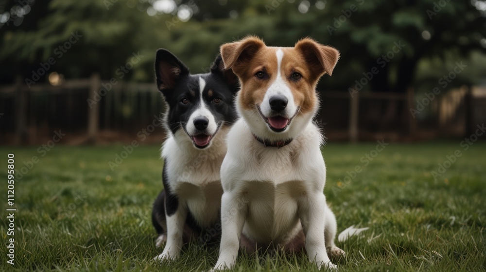 Two happy dogs sitting together in a grassy garden. Two happy dogs sitting together in a grassy garden.