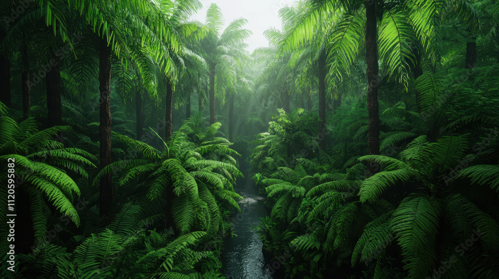 Fototapeta premium Genius loci, Lush tropical rainforest with dense ferns and palm trees, illuminated by soft light filtering through the canopy, creating a serene atmosphere.