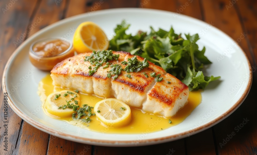 Grilled fish fillet with lemon and greens Grilled fish fillet with lemon and greens