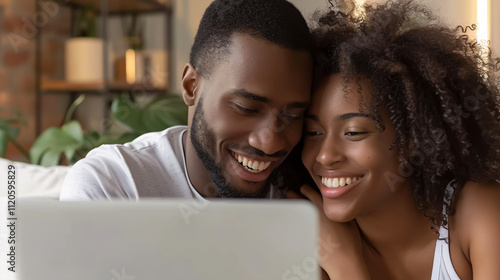Happy interracial couple smiling while looking at a laptop.