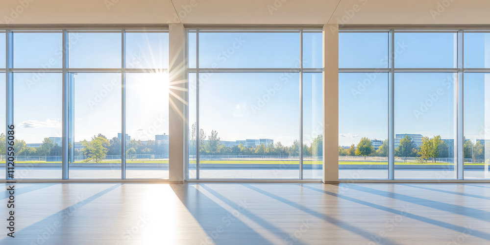 Fototapeta premium Frameless panoramic windows in a modern business building, large floor-to-ceiling glass 