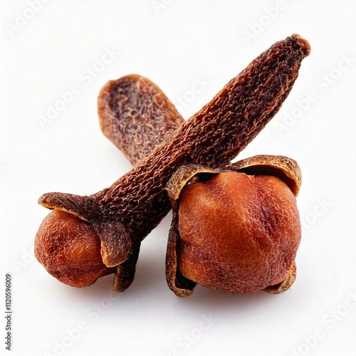 Close up photo of a clove, front view, isolated in white background photo