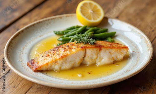 Grilled fish fillet with lemon and greens