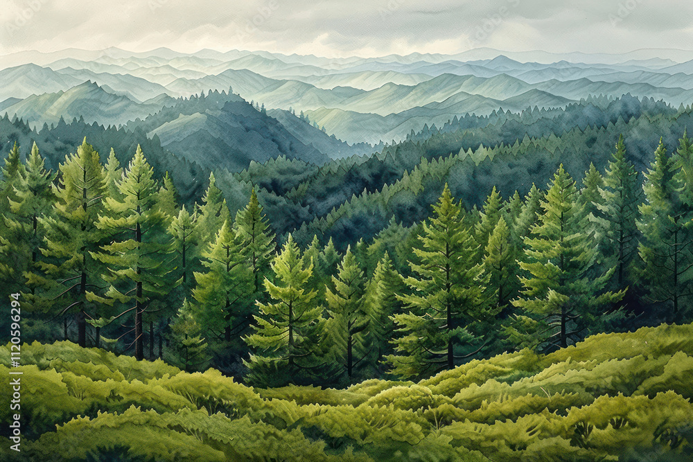 Fototapeta premium a grassy hilly thick dense pine forest with Sword ferns, watercolor style,. 