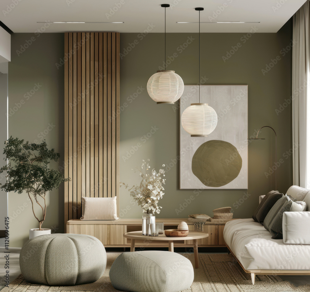 a white living room in japandi style with olive green Generative AI