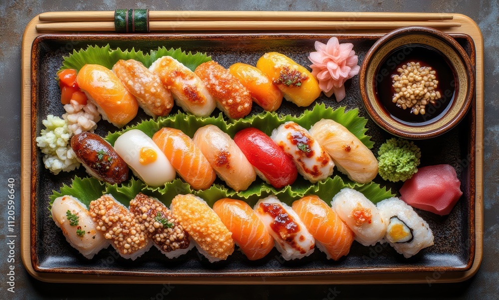 Colorful sushi platter with various toppings Colorful sushi platter with various toppings