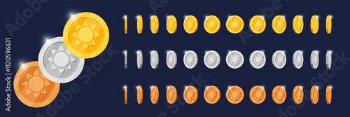 Dynamic animation gold, silver, bronze coins turning in various directions for video game. Metallic token angles rotating with ancient sun symbol. Spinning metal reward emblem. Flat 3D currency effect
