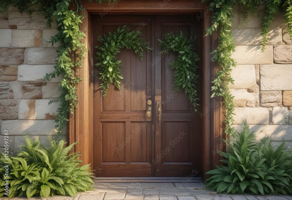 A wooden door with a lush evergreen garland wrapped around its frame, greenery swaying gently in the breeze, sunlight filtering through leaves, foliage, wreath A wooden door with a lush evergreen garland wrapped around its frame, greenery swaying gently in the breeze, sunlight filtering through leaves, foliage, wreath