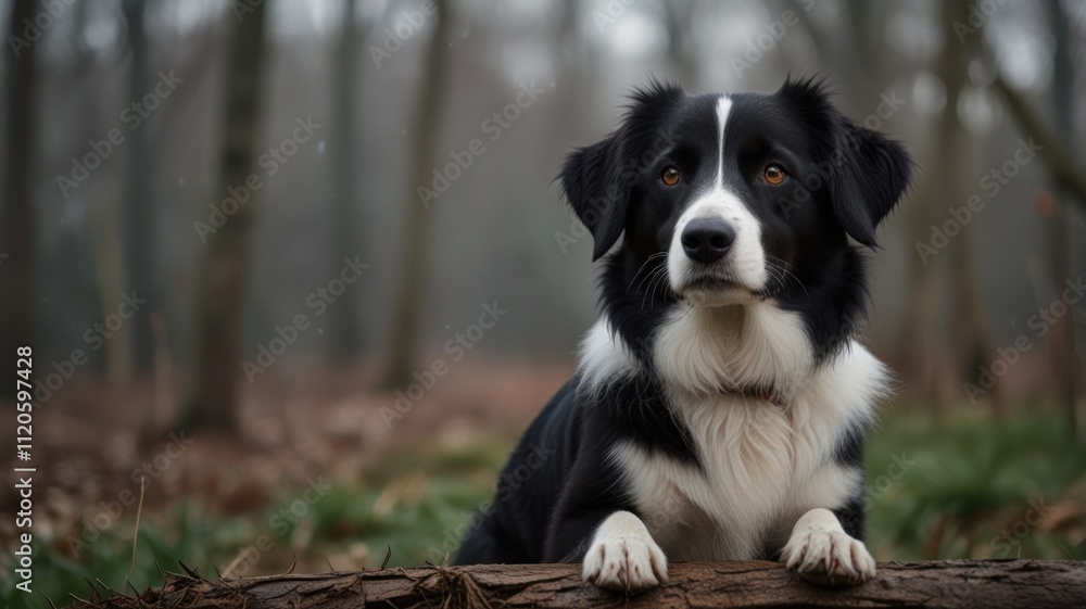 Black and white dog sitting on a log in a misty forest. Black and white dog sitting on a log in a misty forest.