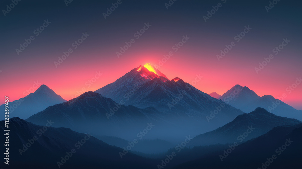 Genius loci, A stunning mountain landscape at sunset, showcasing vibrant colors with a peak illuminated by the setting sun amidst layers of distant mountains. Genius loci, A stunning mountain landscape at sunset, showcasing vibrant colors with a peak illuminated by the setting sun amidst layers of distant mountains.