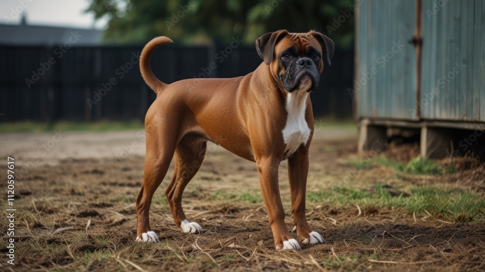 A fawn Boxer dog standing outdoors. A fawn Boxer dog standing outdoors.