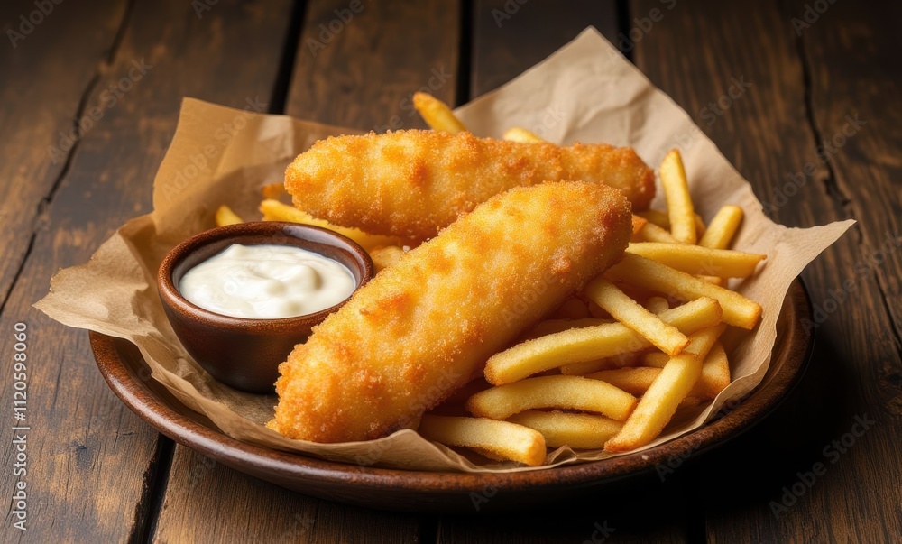Crispy fish and fries on wooden table Crispy fish and fries on wooden table
