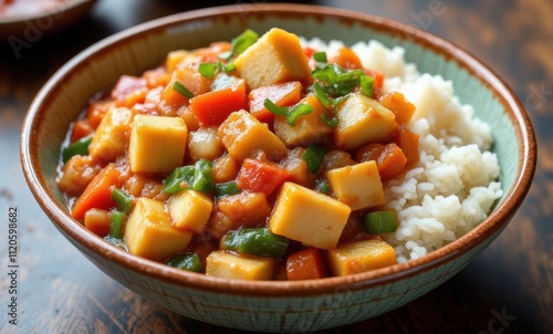 Delicious vegetarian curry served with rice