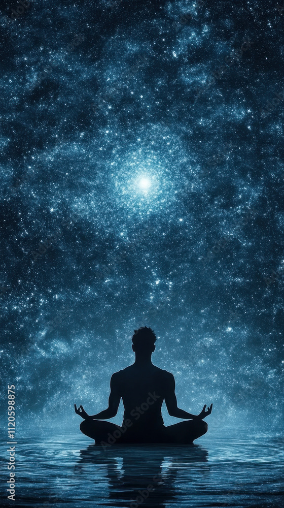 Meditative Figure in Lotus Position Against Cosmic Background Meditative Figure in Lotus Position Against Cosmic Background