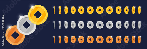 Rotating gold, silver, bronze video game coins animated motion. Chinese lucky symbol token with square hole spinning at changing angles. Spinning metal fortune icon. Flat 3D currency animation style