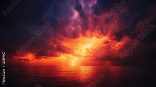 Dramatic lightning strike over fiery ocean sunset.