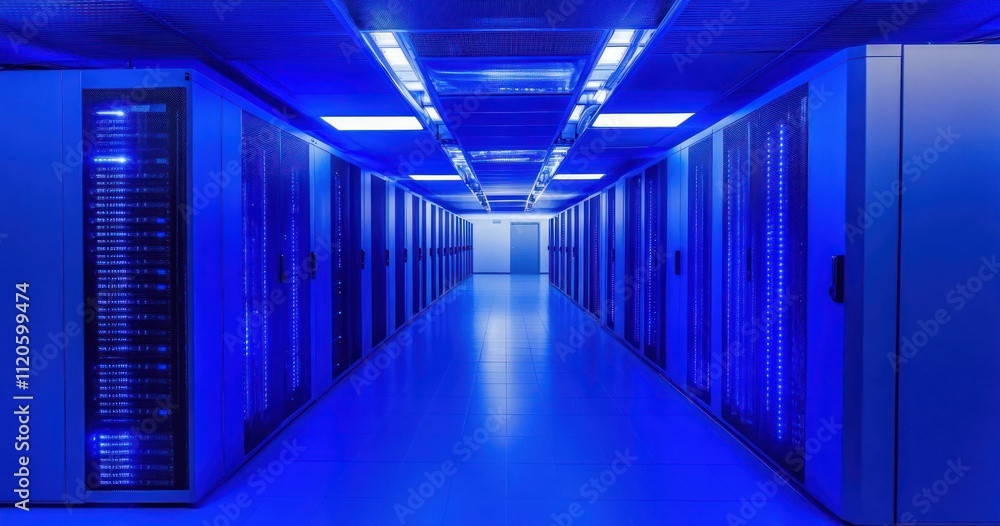 Blue-lit server room corridor with rows of data center racks. Blue-lit server room corridor with rows of data center racks.