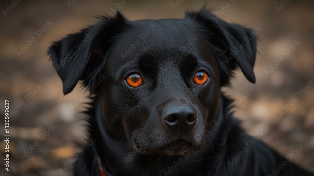 Close-up portrait of a black dog with amber eyes. Close-up portrait of a black dog with amber eyes.