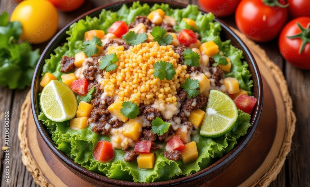 Colorful beef salad with lime and cheese Colorful beef salad with lime and cheese