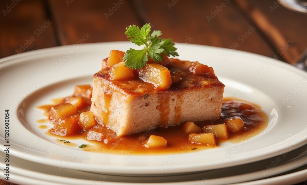 Delicious layered dish with sauce garnish Delicious layered dish with sauce garnish