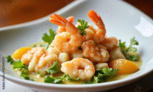 Delicious shrimp dish garnished with herbs