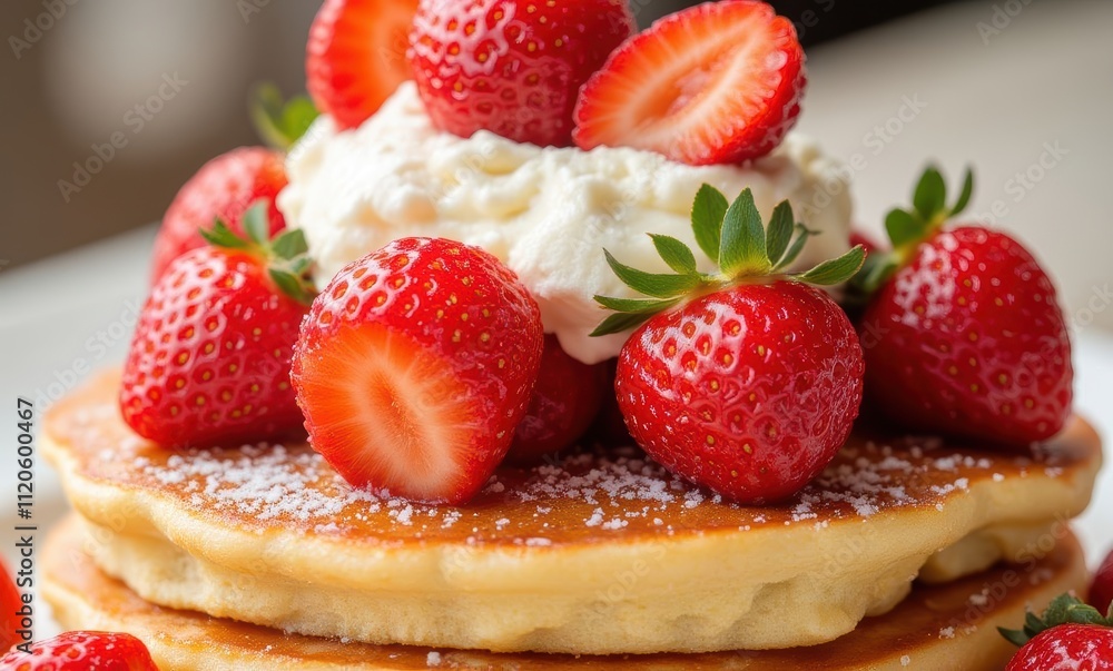 Delicious pancakes topped with fresh strawberries. Delicious pancakes topped with fresh strawberries.