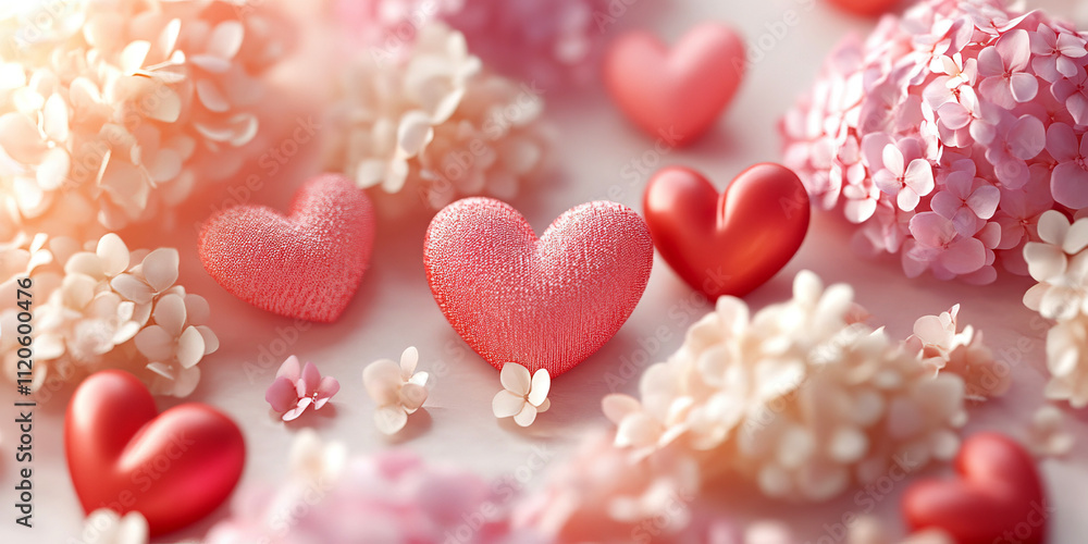 Romantic Composition with Pink Hearts and Delicate Flowers in Soft Pastel Tones Romantic Composition with Pink Hearts and Delicate Flowers in Soft Pastel Tones