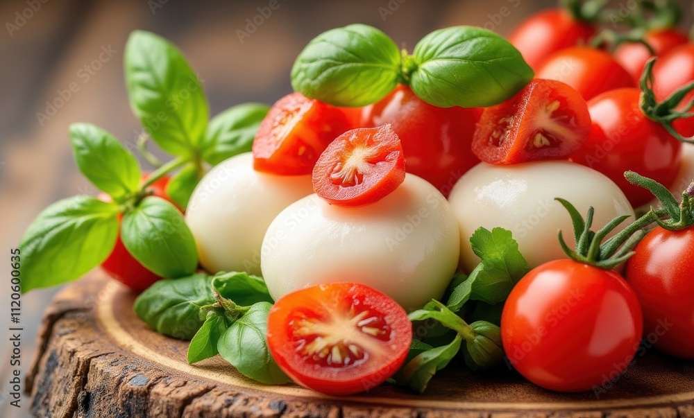 Fresh mozzarella and tomatoes on wooden board Fresh mozzarella and tomatoes on wooden board