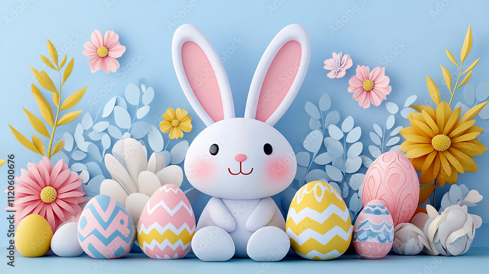 Adorable Easter Bunny Surrounded by Decorated Eggs and Pastel Flowers on a Light Blue Background Adorable Easter Bunny Surrounded by Decorated Eggs and Pastel Flowers on a Light Blue Background