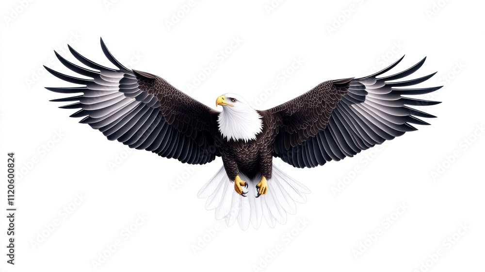A majestic eagle soaring with outstretched wings against a white background. A majestic eagle soaring with outstretched wings against a white background.