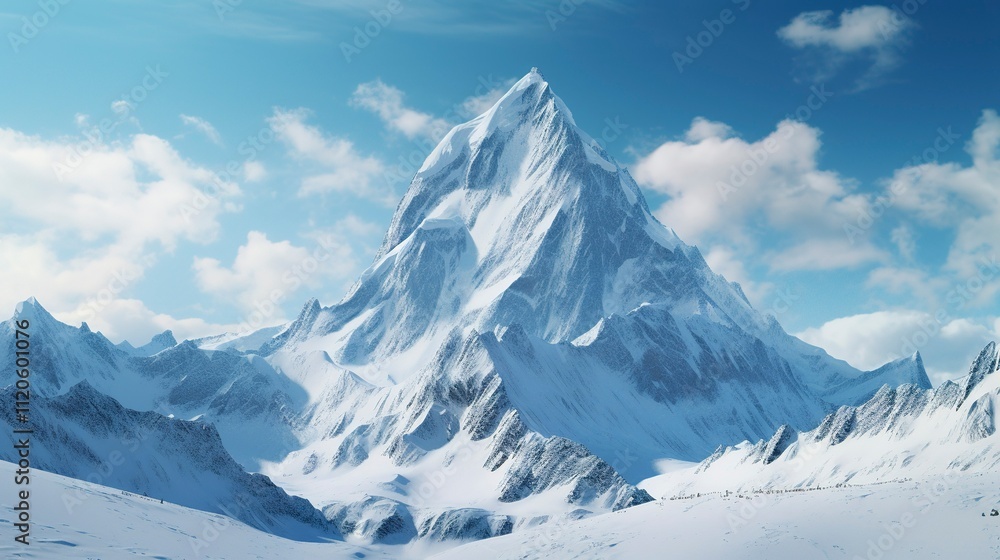 Majestic snow-covered mountain peak under a clear blue sky with expansive snowy landscape. Majestic snow-covered mountain peak under a clear blue sky with expansive snowy landscape.