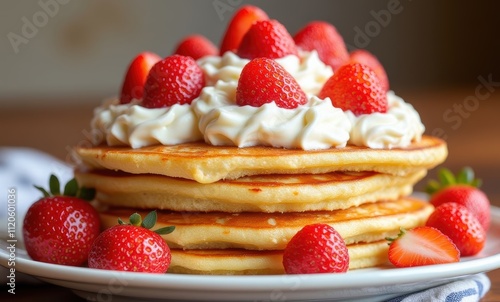 Delicious pancakes topped with strawberries