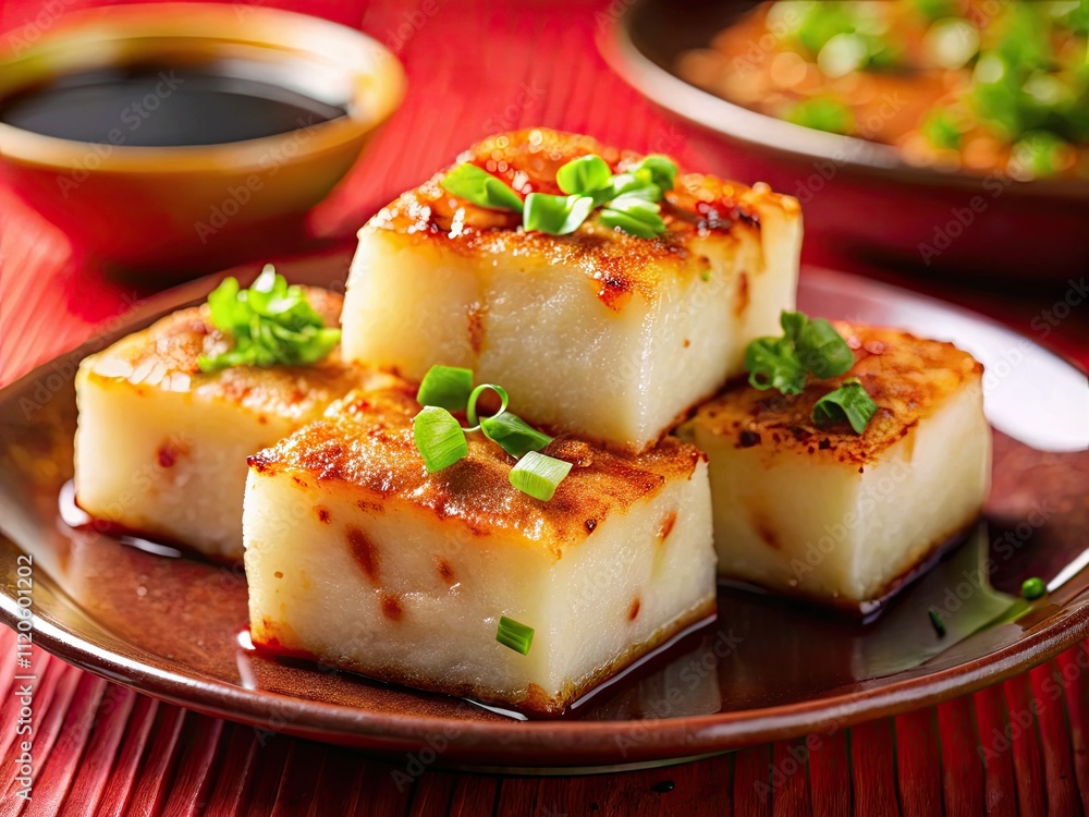 Delicious Turnip Radish Cake: Chinese Lunar New Year Food, Close-up Tilt-Shift Photo Delicious Turnip Radish Cake: Chinese Lunar New Year Food, Close-up Tilt-Shift Photo