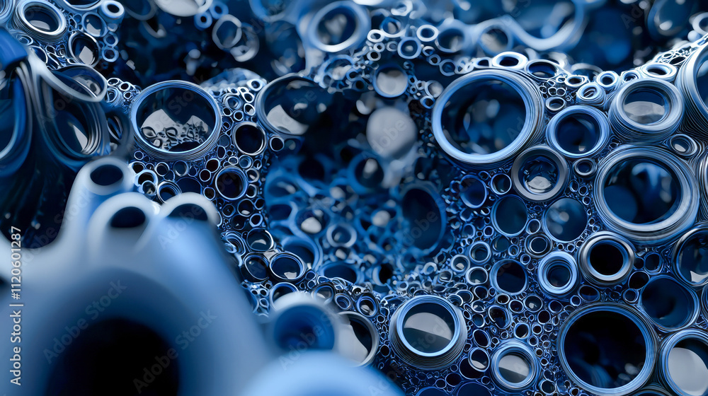 Abstract blue metallic circles and spheres texture with depth and reflection Abstract blue metallic circles and spheres texture with depth and reflection