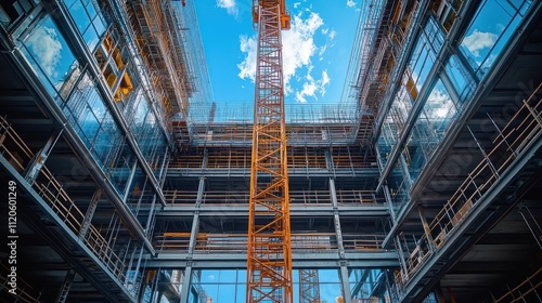Wallpaper Mural Low-angle view of modern building under construction, showing steel framework, glass panels, scaffolding, and a construction crane against a bright blue sky. Torontodigital.ca