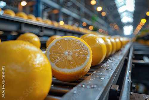 Lemons on conveyor belt in factory. Selective focus.      photo