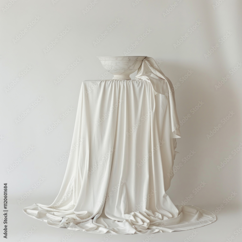 white cloth covering a vase on a table on a white background.. white cloth covering a vase on a table on a white background..