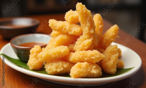 Crispy golden fried food with sauce