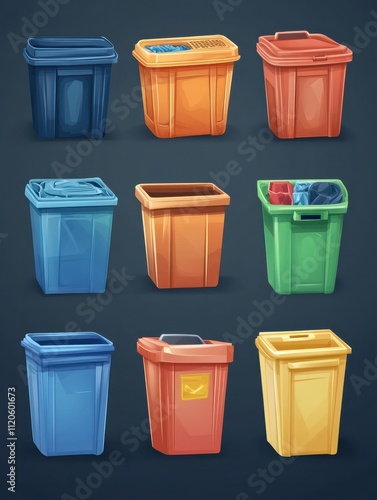 Waste bins. Flat recycling containers, bin sorting trashes. Recyclable glass paper plastic. Types baskets and garbage vector illustration photo