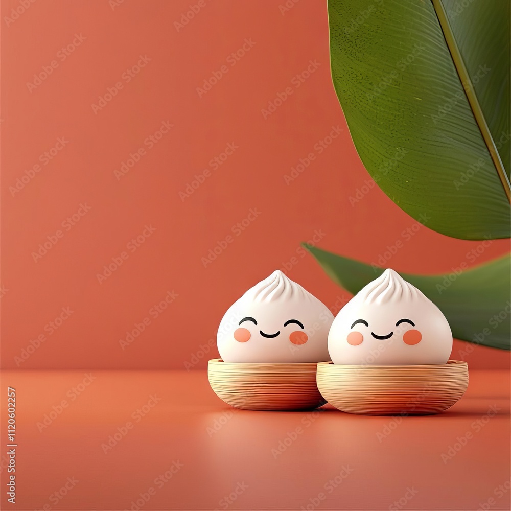 Advertisement dim sum food Cute dumplings with smiling faces on a vibrant orange background. Advertisement dim sum food Cute dumplings with smiling faces on a vibrant orange background.