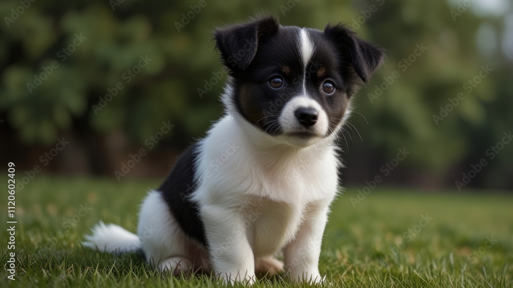 Adorable black and white puppy sitting on green grass. Adorable black and white puppy sitting on green grass.